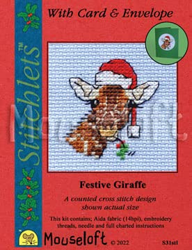 Mouseloft Räknade korsstygn julkort kit - festlig giraff - inkluderar kort och kuvert (014-S31stl)