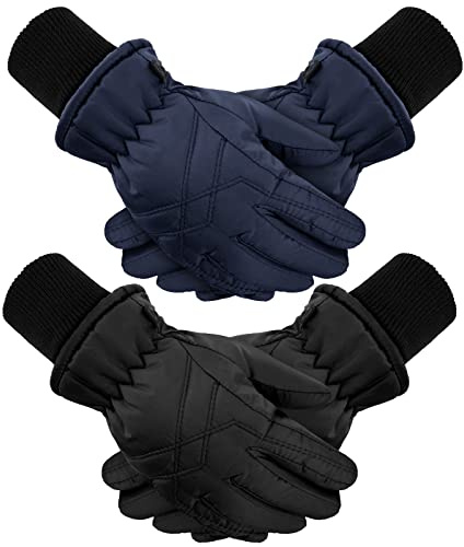 2 Paires Gants de Ski d'Enfants Coupe-Vent et Thermiques pour Sports et Snowboard (Noir, Bleu Marine, 12-14 Ans)
