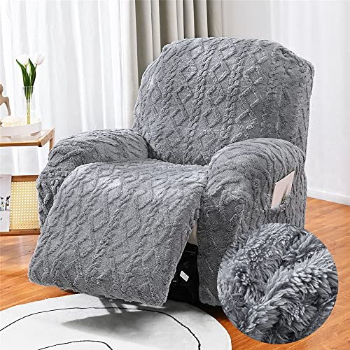 FANSU Recliner Chair Covers for Electric Chair 1 Seater with Pockets, Jacquard Plush Stretch Recliner Chair Slipcover for Armchairs, Sofa Covers Protector for Living Room (1 Seater,grey)