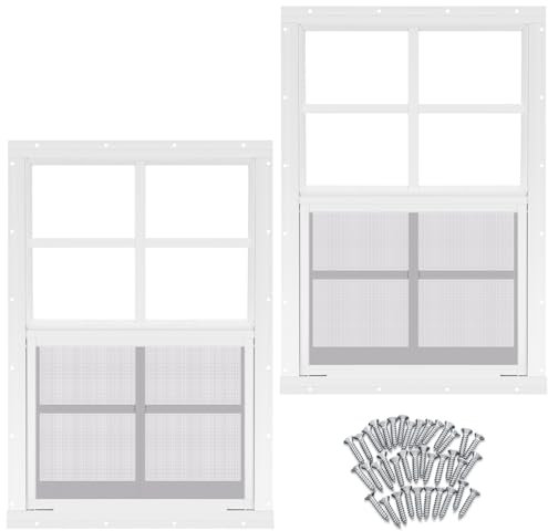 Tandefio 2 Pack 12''x18'' Shed Windows, Small Sliding Windows, White Flush Mount Pack with Tempered Glass and Screen Household with Screws for Shed, Garage, Chicken Coop, Barns, Playhouse