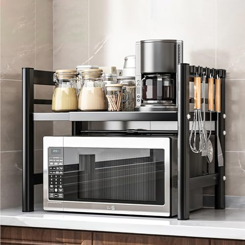 Auauraintt 2 Niveaux Support de Four à Micro-Ondes Extensible,avec 6 Crochets,Extensible de 40 à 64 cm,Convient aux étagères de Cuisine, aux étagères de Rangement,Noir