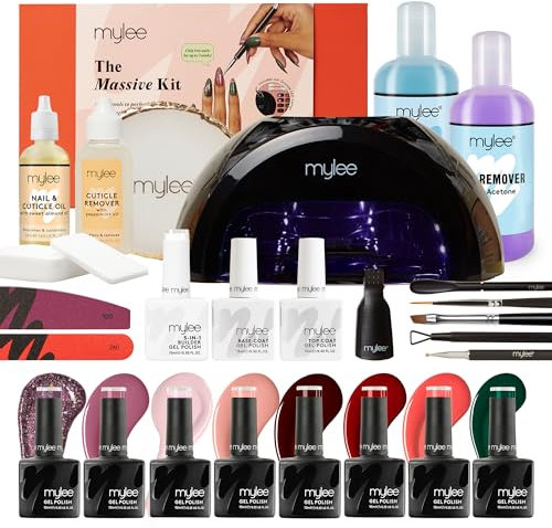 Mylee Massive Kit, Professional Gel Polish Set, Grande LED Lamp, 8x Nail Colours, Top & Base Coat, 5-in-1 Builder Gel, Prep & Wipe + Remover, Prep Tools, Nail & Cuticle Oil, Mixing Palette