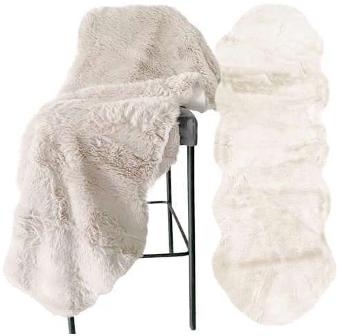 Cleanlevel EST 2016 Kunstfell Fell Imitat Teppich 180cm x 60cm Lammfellauflage Schafffell Imitat Dekofell Fellteppich Bankkissen Bettvorleger (Creme)