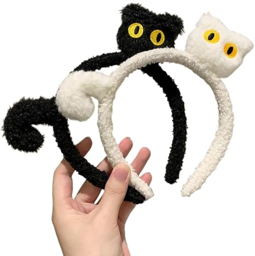 2 PCS diademas, diademas elásticas, lindas diademas para lavarse la cara, maquillarse, bañarse (gato negro y gato blanco)