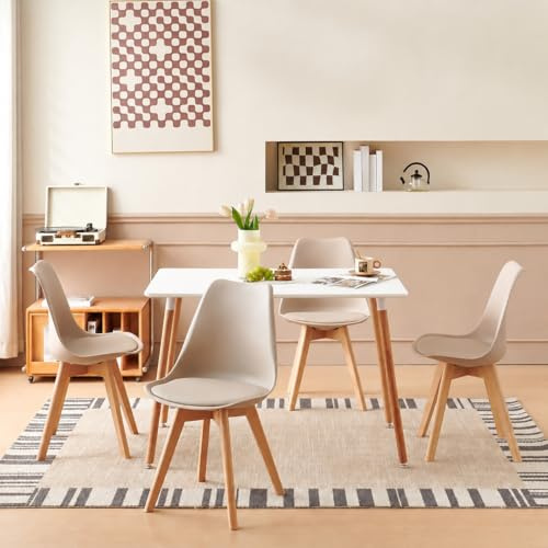 H.J WeDoo Set med matbord och stolar för 4, massiva träben, vitt köksbord och kakifärgad matstol med dynor, platsbesparande design för matsal | 4 x köksstolar + 110 cm bord