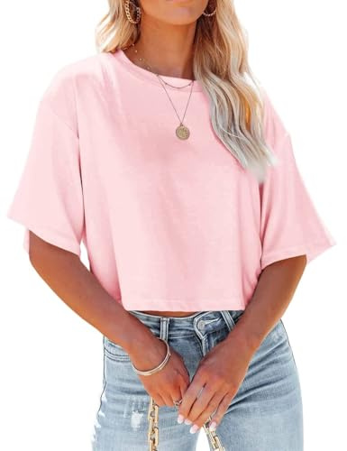 Suncife Womens Workout Crop Tshirt Tops Hlaf Sleeve Casual Basic Loose Fit Tees T Shirt (Pink,S)