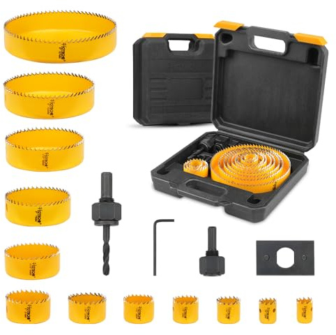 Hoteche 16er Lochsäge Set - Kohlenstoffstahl, 12 Größen (19mm-127mm), 2 Anlenker, 1 Pressplatte, 1 Inbusschlüssel, in schwarzer Kunststoffbox