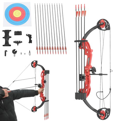 Compoundbogen Set, Sportbogen Erwachsene mit Zielpapier Armschutz und 12 Pfeile, Einstellbar Pfeil und Bogen für Erwachsene Anfänger, Zuggewicht 16-29lbs, Zuglänge 49-72cm (Rot)