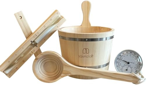 Saunaloft Lot d'accessoires de sauna de qualité supérieure en bois de pin - 5 pièces - Avec seau en bois de 3 l - Insert en plastique - Louche de sauna 36 cm - Sablier 15 minutes - Thermo-hygromètre