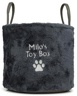 Lobeko Personalised Dog Toy Basket Grey Teddy Fleece Dog Toy Box with Custom Name Soft Dog Storage Basket & Puppy Bin with Embroidered Paw Print for Organising Pet Toys