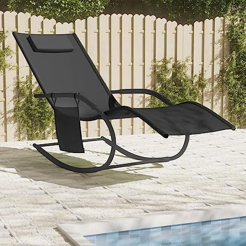 HaoChrymec Schaukelliege Schwarz, Pulverbeschichteter Stahl und Textilene, Ergonomisches Design, Abnehmbare Kopfstütze und Seitentasche, Liegestuhl Garten, Camping Schaukellstuhl, 147 x 63 x 88 cm