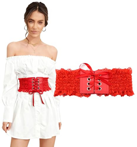 VPbao Women Lace-up Corset Waist Belt, Retro Elastic Wide Waist Bands | Stretchy Ruffled Lace Trim Waspie Underbust Cincher Belt for Party Club Prom Costume Dress Shirt Outfit Decor Belts