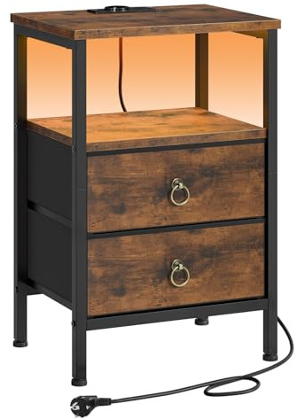 HOOBRO Table de Chevet avec Station de Recharge (1 AC, 2 USB) et Éclairage LED, Table d’Appoint avec 2 Tiroirs en Tissu et 2 Étagères, pour Chambre, Salon, Bureau, Marron Rustique et Noir EBF110CDBZ01