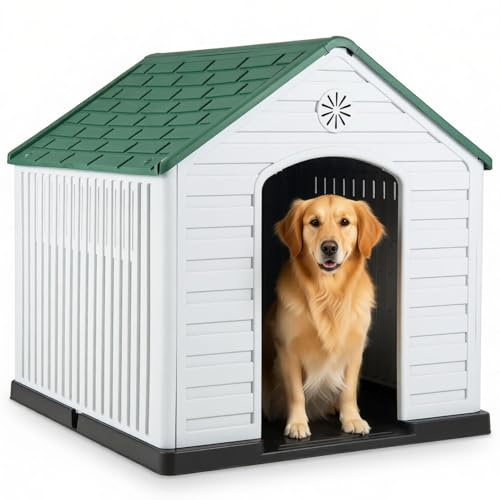 Maxmass Plastic Dog House, Weather-Resistant Dog Kennel with Roof, Elevated Floor, Air Vents, Indoor Outdoor Pet House Waterproof Pet Cage Large Pet Shelter for Dogs Cats Rabbits (Deep Green+White)