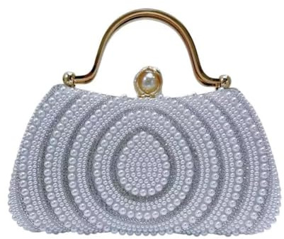 CYBHSM - Bolso de noche de perlas y diamantes de imitación con asa superior de metal, bolso de mano de cristal brillante para mujer, bolso de hombro para fiesta, boda, color blanco roto y dorado