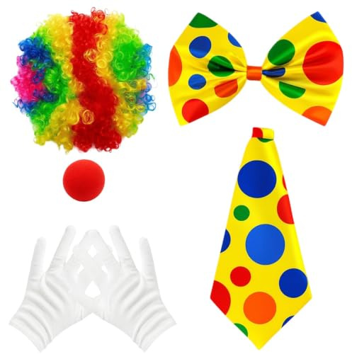 KFSCIP Clown Costume Set, 5Pcs Full Outfit with Wig and Nose, Circus Costume for Halloween Parties, Carnival Celebrations, and Role Play, Suitable for Kids and Adults