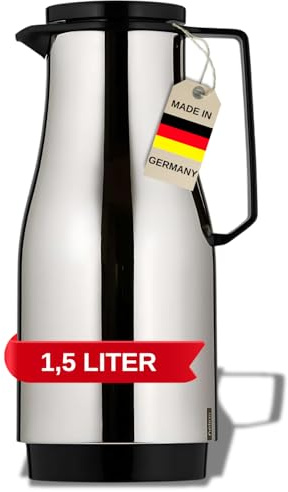 Helios Isolierkanne Champion Schwarz 1,5L – 6h Heiß - Hält Getränke heiß & kalt – Elegantes Design mit verchromtem Stahl - Einfache Reinigung