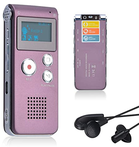 Lychee Dictaphone Enregistreur Vocal Numérique 8GO Portable, Lecteur MP3 Audio à Double Microphone pour Conférences/Réunions/Entretiens/et Cours (Rouge)