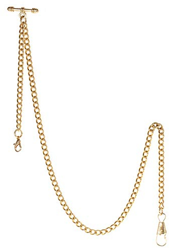 TREEWETO Pocket Watch Albert Chain T-Bar Watch Chain Link 16 inch 2 Hooks Gold Classic Antique Fob T Bar
