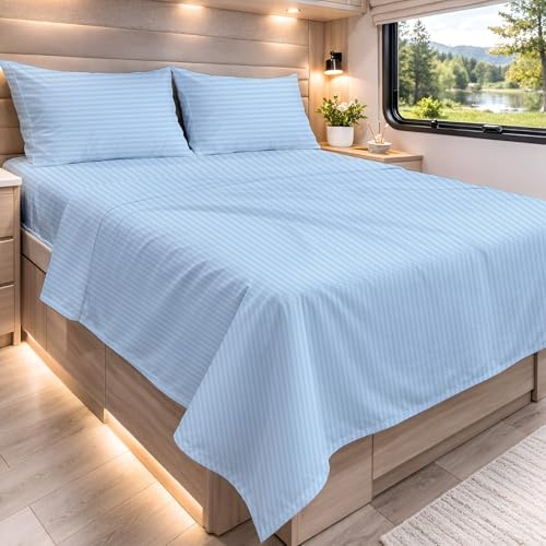 Cottington Lane RV King Sheets 100% Egyptian Cotton, RV King 72 x 80 Premium Quality 4 Piece Sheet Set for Campers & Motorhomes, High Thread Count Baby Blue Stripe with 6-10 Deep Pocket