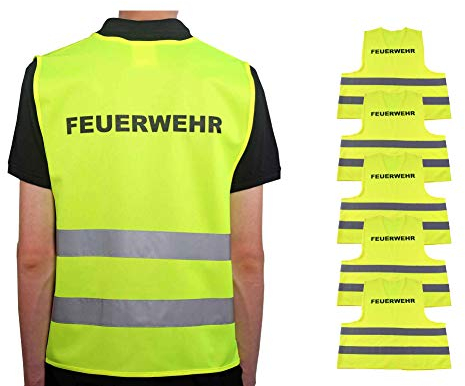 4business 5 Stück Kfz Qualitäts Warnweste Feuerwehr gelb EN ISO 20471 Klasse 2 für Erwachsene Unisize TÜV-geprüft waschbar