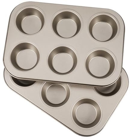 Flexzion Muffin Tray Cupcake Baking Pan 2 Pack, 6-Cup Nonstick Carbon Steel Muffin Tin Non-Stick Cupcake Tin Bakeware Accessories for Baking Cupcake Muffin Brownies Snack, Fridge Safe, Champagne Gold