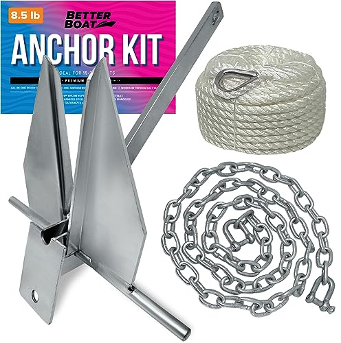 Better Boat 8.5lb Boat Anchor Kit with 75ft Rope and 6ft Chain, Heavy Duty Fluke Anchor for 15 to 24ft Boats, Hot Dip Galvanized, Pontoon Sailboat Fishing