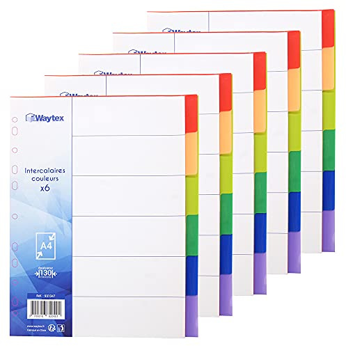 WAYTEX 931347C5 A4 6 Tabs Polypropylene Index Dividers Bright Colours (Pack of 5)