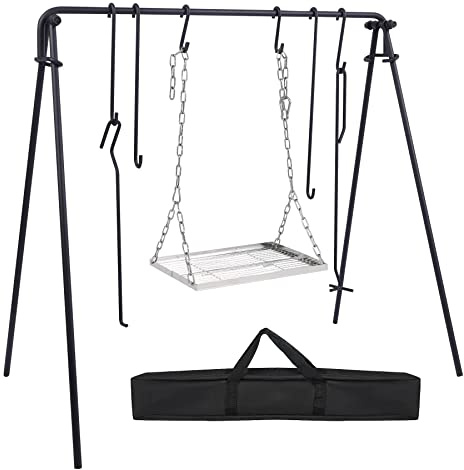 REDCAMP Swing Campfire Grill Stand - Collapsible Campfire Cooking Rack with 6 Hooks & Stainless Steel Grill Grate, Portable Dutch Oven Hanger for Outdoor Camping, Cookware, Bonfire, Rectangle ﻿