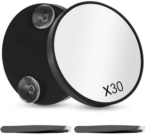 Leikedun 30X Magnifying Mirror, 3.5 inches Small Magnifying Mirror with Suction Cup and 2Pcs Tweezers Travel Essentials Pocket Mirrors