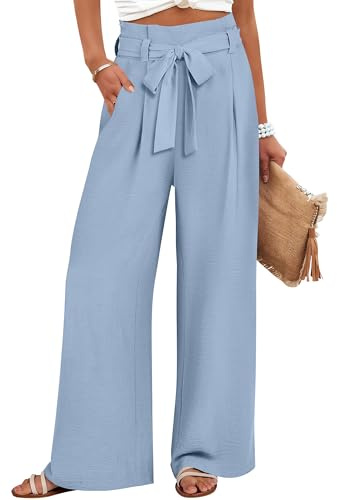 ANRABESS Womens Wide Leg Palazzo Pants Belted High Waisted Business Casual Flowy Long Trousers with Pockets Blue-S