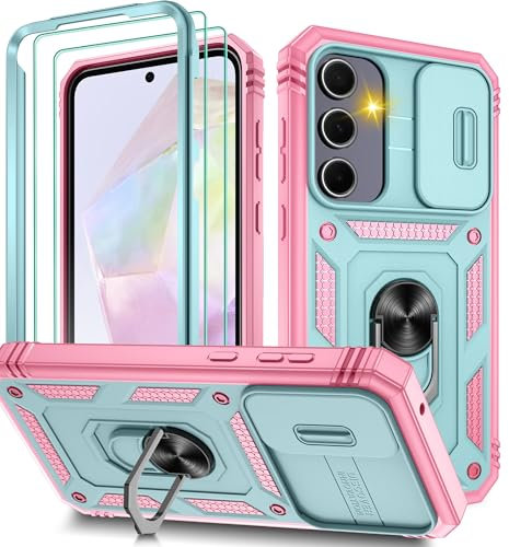 Pilaru 3 in 1 for Samsung A55 5G Phone case | With Front Frame | [Separate] 2 Screen Protector & Kickstand Ring & Camera Cover Military Grade Drop Shockproof Protection for Galaxy A55,Green/Pink