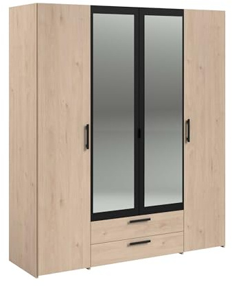 Armoire - Panneau de particules - Décor chene et noir - 4 portes centrales - Essentiel - Chambre - 120.3x185x51.7 cm