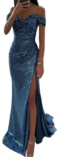 Agiyenna Robe Longue à Paillettes pour Femme Épaules Dénudées sans Bretelles Sexy Col en V Fente Haute Élégante Moulante Robe de Soirée à sans Manches Couleur Unie Robe de Demoiselle d'honneur