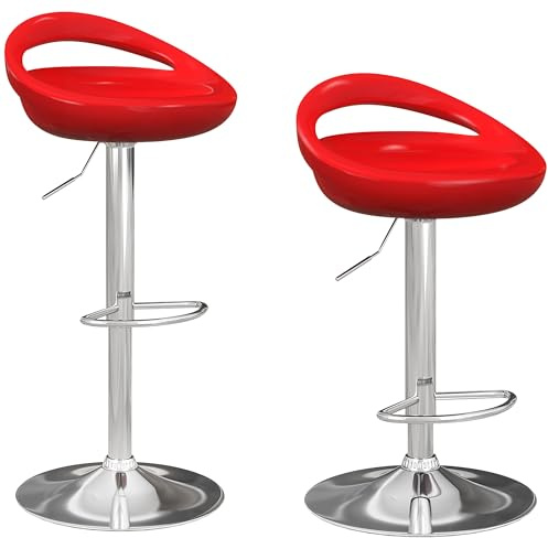 HOMCOM Set 2 Sgabelli da Bar Alti, Sgabelli Girevoli a 360°, con Schienale e Poggiapiedi, Altezza Regolabile, Base in Acciaio, per Sala da Pranzo e Cucina, 46x41x76-96cm, Rosso