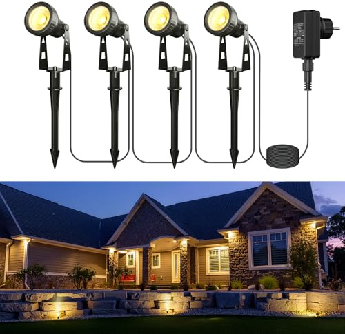 Zuske Gartenbeleuchtung LED Außen, 36FT/11m 4-in-1 Gartenleuchten mit Stecker, Gartenstrahler IP65 wasserdicht Wegbeleuchtung Bodenstrahler für Garten Terrasse Rasen Hof Einfahrt Partei