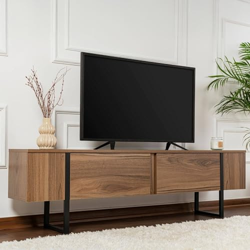 Dmora - Mobile porta TV Colzate, Credenza da soggiorno, Armadio basso per TV, Base parete attrezzata, 180x30 h50 cm, Noce e Nero