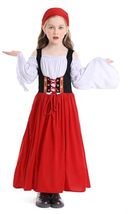 XSDZSWQY Kids Oktoberfest Beer Costumes German Bavarian Traditional Girls Dirndl Long Dress for Girls Party Costumes (Red, Large)