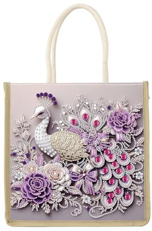 JICFDAO Diamantmålning bärväska 26 x 26,5 cm multifunktionell handväska, shoppingväska, axelväska, tygväska för kvinnor, daglig användning, återanvändbar påfågel