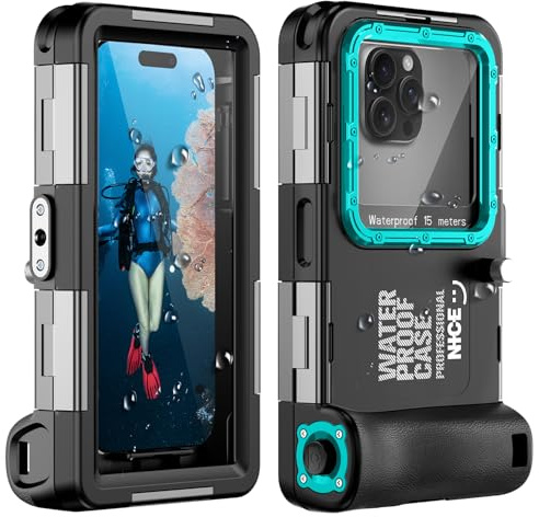 Carcasa sumergible sumergible para iPhone 17/16/15/14/13/12/11 Pro Max/XR/XS/X y más, protección profesional [15 m/50 pies], funda impermeable para esnórquel, surf, fotos y vídeos (negro y azul)