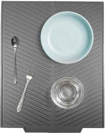 QingWing Tappetino Scolapiatti Silicone, 42,5 x 31,5 cm Scolapiatti in Silicone, Superficie Inclinata e Struttura Scanalatura, con Efficace Deviazione Dell'Acqua Design Antiscivolo per Lavello Cucina