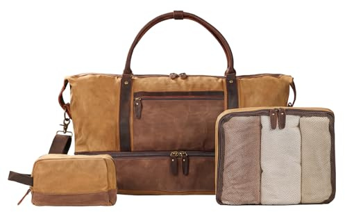 Borsone da Viaggio Grande XXL Uomo Donna in Tela Cerata Impermeabile con Pelle – Set 3 Pezzi con Scomparto Scarpe, Borsa Weekend, Necessaire e Palestra | Per Viaggi e Business