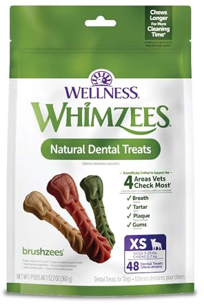 Whimzees Wellness Brushzees Dog Dental Treat, VOHC Accepted Chews, Freshens Breath, Extra-Small Size, 12.7 oz Bag, 48 Count