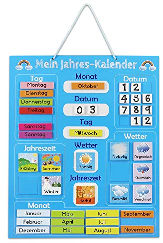 Navaris Kalender Tafel für Kinder - Lerntafel Jahreszeiten Uhr - Magnet Spiel Lernuhr - Kinderkalender Jahreskalender - magnetisch - blau - deutsch