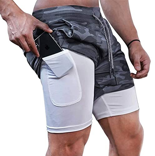 XDSP shorts herr 2 i 1 träningsshorts korta byxor snabbtorkande löparshorts sportbyxor fickor kompression shorts, Kamouflagegrå, 3XL