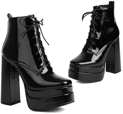 Gótico Botas de Moto Grueso Tacones Altos Botines Botas de la Plataforma de Mujer Punta Redonda Punk Botines de Combate,Black Patent Leather,47 EU