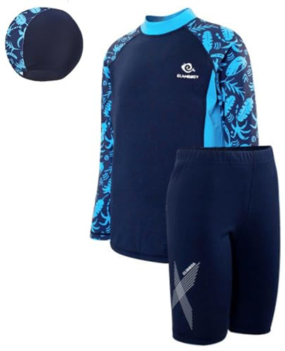MZSYLK Ensemble de 3 maillots de bain Rash Guard pour garçon - Maillot de bain à manches longues - Séchage rapide - Avec maillot de bain, Bleu-1, 12-13 ans