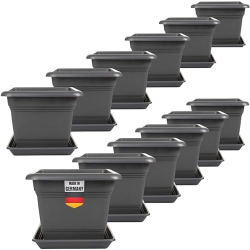 LIVINJA Pflanzkübel GroÃŸ AuÃŸen 12er Set - 40x40cm Robuste, Eckige Blumentöpfe, Frostsicher & mit Untersetzer, Anthrazit für Garten & Terrasse