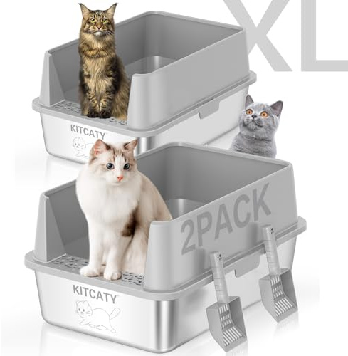 2PACK Stainless Steel Litter Box, Metal Litter Boxs with Lid High Sides, XL Extra Large Litter Box for Big Cats, Never Absorbs Odors, Leak-Proof, Stain-Free, Rust-Free, Easy to Clean, Scoop Included