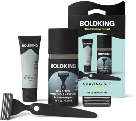 Boldking Set per la cura della barba per uomini Sensitiv – Set da barba con rasoio bagnato, 2 lame, gel da barba per uomini e crema dopobarba, set da barba per pelli sensibili
